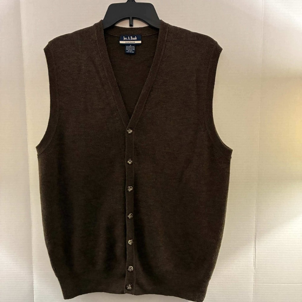 Jos A Bank Cardigan Vest Mens M Brown Merino Wool V-Neck Button Front Preppy